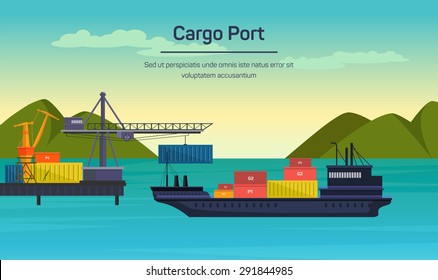 Vector flat global transportation concept illustration. Cargo ships in harbor.