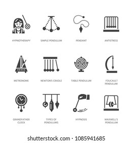 Vector flat glyph icons of pendulums types. Newton cradle, metronome, table pendulum, perpetuum mobile, gyroscope. Signs for hypnosis, hypnotherapy. Solid silhouette pixel perfect 64x64.