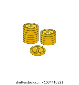 Vector flat golden dollar, cents column stack. money pile. Bank, business finance profit success, casino jackpot, banking loan credit symbol. Isolated illustration white background