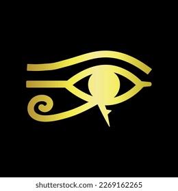 Vector flat golden Egypt ancient Horus pharaoh eye isolated on black background