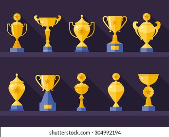 Vector flat golden goblet  icon set with long shadow. Winner award. Eps10