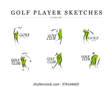 Vector flat golf logo design. Golf player icon, golfing stick, sport logo, golf club insignia, print design, any advertising sample. Hand drawn human silhouette.