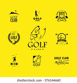 Vector flat golf logo design isolated on yellow background. Golfer stick. Golf player icon, sport logo, golfing club insignia, print design, any advertising sample. 