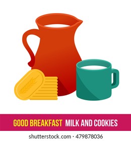 Vector flat gradient icon jug and cup of milk and cookies. Fresh and healthy breakfast, diet food. Web design, web icon, food menu. Isolated on a white background