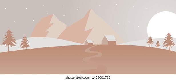 Vector flat gradient illustration. Beautiful nature with mountains, houses and forests. Ideal for textile design, screensavers, covers, cards, invitations and posters.