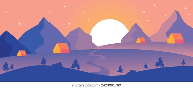 Vector flat gradient illustration. Beautiful nature with mountains, houses and forests. Ideal for textile design, screensavers, covers, cards, invitations and posters.