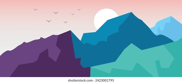 Vector flat gradient illustration. Beautiful nature with mountains, birds and sunset. Ideal for textile design, screensavers, covers, cards, invitations and posters.