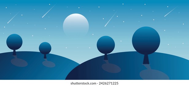 Vector flat gradient illustration. Beautiful nature with mountains and forests. Ideal for textile design, screensavers, covers, cards, invitations and posters.