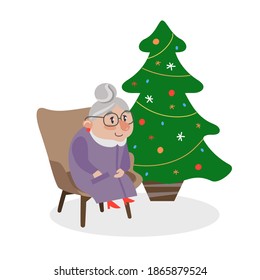 Vector flat grandmother and Christmas tree. Cartoon illustration people.