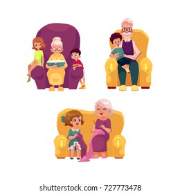 vector flat grandparents ,children set. boys, girls kids sitting with grandmother, grandfather at armchairs listening to reading book, learning to knit . Isolated illustration on a white background.