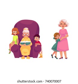 vector flat grandparents and children set. boy, girl kids listening to grandmother reading book, sitting at chair, grandmother hugging with small girl . Isolated illustration on a white background.