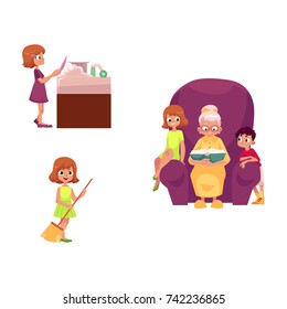 vector flat grandparents and children set. boy, girl kids listening to grandmother reading book, sitting at chair, girls wash dishes at sink, sweep floor. Isolated illustration on a white background.