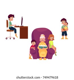vector flat grandparents children set. boy, girl kids listen to grandmother reading book, at chair, teen boy sits at computer table, adult man holds baby. Isolated illustration on a white background.