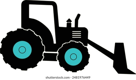 Vector flat graphic illustration. Wheeled tractor with blade icon. Black silhouette. Side view. Isolated object on white background. Separate.