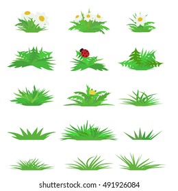 Vector Flat Grass Set Isolated On White Background. Horizontal Abstract Spring Fresh Grass Kit  In Cartoon Style For Illustration And Game Design.