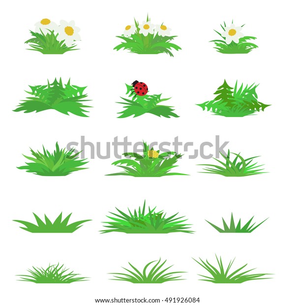 白い背景にベクター画像の平草セット イラストやゲームデザイン用の漫画風の水平抽象的な春の生草キット のベクター画像素材 ロイヤリティフリー