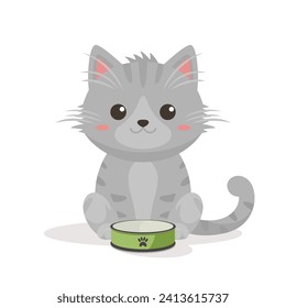 Vector Flat Gray Tabby Cat with Green Pets Bowl. Cartoon Cat Icon Isolated. Black Cute and Funny Cat in Front View