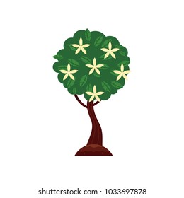 Vector flat green abstract blooming tree with flowers big foliage icon. Isolated illustration with forest, garden plant, spring or summer, ecology and environment symbol on white background.