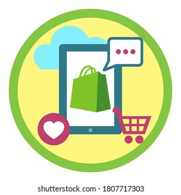 vector flat green icon of a mobile application that allows you to make purchases online, pay by card, order goods via the Internet, mobile phone, shopping cart, cloud, eps 10, isolated on white