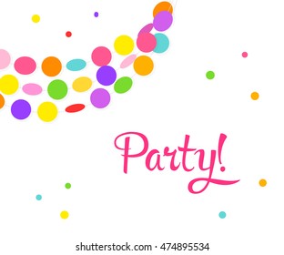 Vector flat greeting card circle garland and confetti with shadow. Elements for design on white background. Yellow, orange, red, pink, purple, violet, blue, green colors.