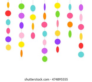 Vector flat greeting card circle garland and confetti with shadow. Elements for design on white background. Yellow, orange, red, pink, purple, violet, blue, green colors.