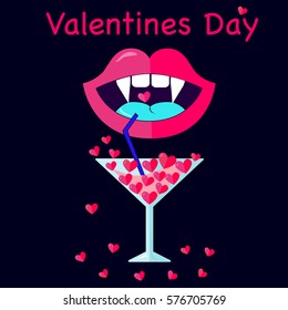 Vector flat greeting card invitation template banner day happy Valentines day. Beautiful lips drinking it with hearts.