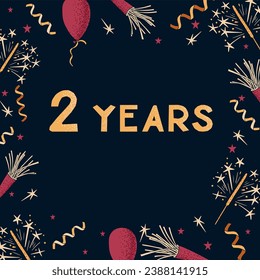 Vector flat greeting card with text 2 years. Dark theme. Frame design print with celebrating elements with dotted texture on dark background