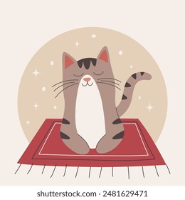 Vector Flat Grey Dreaming Cat. Cartoon Cat Lying on the Mat. Cute and Funny Cat in Front View