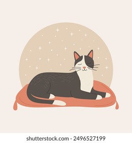 Vector Flat Grey Dreaming Cat. Gato de dibujos animados acostado en la estera. Gato lindo y divertido en vista frontal