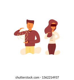 Vector flat guy in his hands holds a rotating 3D cube. The girl with glasses additional reality designs the artificial intelligence of the technology of the future. New Age designers and developers. - Powered by Shutterstock - Get 15% off with code: PIKWIZARD15
