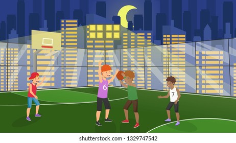 Vector Flat Guys Playing on Basketball Court in Fenced. Kid Throws Ball Into Ring Team Plays Against Rivals. Background Large Night City in Evening Training and Section After School.