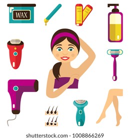 vector flat hair removal tools. Electric epilator, shaver, shaving razor, waxing strips, hot wax in bowl, laser machine, well-groomed woman legs, girl with epilated armpit icons. Isolated illustration