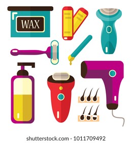vector flat hair removal tools set. Electric epilator, shaver, shaving razor, waxing strips, hot wax in bowl, laser machine, follicle icon for your design. Isolated illustration on a white background.