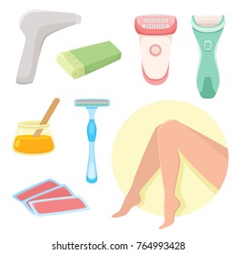 vector flat hair removal tools set. Electric epilator, shaver, shaving razor, waxing strips, hot wax in bowl laser machine, well-groomed woman legs icons . Isolated illustration on a white background.