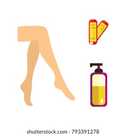 vector flat hair removal tools. Hot wax in bowl, well-groomed woman legs, bottle with after shaving lotion, skin care cosmetic cream icons. Isolated illustration on white background.