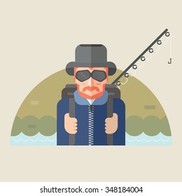 Vector flat and half shadow style illustrations of Fisherman with fishing rod and hooks in his backpack draw with simple geometrical shapes