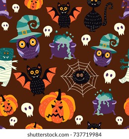 vector flat halloween autumn holiday symbols seamless pattern. Black cat, bat pumpkins, zombie, withc bowl and hat, spider in net, owl in hat and skull. Isolated illustration on a white background.