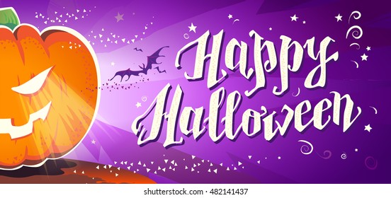 Vector flat halloween card, advertisement, banner, poster, placard, party invitation, flayer design. Halloween background design. Cartoon style. Hand written font. Pumpkin character.