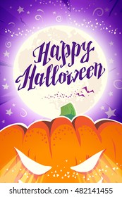 Vector flat halloween card, advertisement, banner, poster, placard, party invitation, flayer design. Halloween background design. Cartoon style. Hand written font. Pumpkin character.