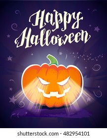 Vector flat halloween card, advertisement, banner, poster, placard, party invitation, flayer design. Halloween background design. Cartoon style. Hand written font. Pumpkin character.