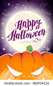 Vector flat halloween card, advertisement, banner, poster, placard, party invitation, flayer design. Halloween background design. Cartoon style. Hand written font. Pumpkin character.