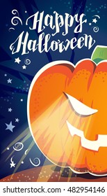 Vector flat halloween card, advertisement, banner, poster, placard, party invitation, flayer design. Halloween background design. Cartoon style. Hand written font. Pumpkin character.