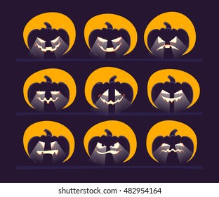 Vector flat halloween card, advertisement, banner, poster, placard, party invitation, flayer design. Halloween background design. Cartoon style. Hand written font. Pumpkin character.