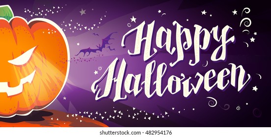 Vector flat halloween card, advertisement, banner, poster, placard, party invitation, flayer design. Halloween background design. Cartoon style. Hand written font. Pumpkin character.