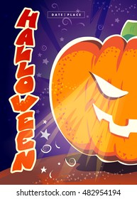 Vector flat halloween card, advertisement, banner, poster, placard, party invitation, flayer design. Halloween background design. Cartoon style. Hand written font. Pumpkin character.