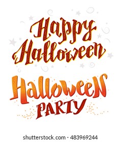 Vector flat halloween card, advertisement, banner, poster, placard, party invitation, flayer design element. Halloween hand written lettering design. Cartoon style. Hand written font. 