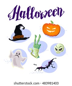 Vector flat halloween card, banner, poster, placard, party invitation, flayer design elements. Magic witch hat, zombie hand, bat, ghost, pumpkin character isolated. Cartoon style. Hand written font. 