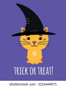 Vector flat halloween cat and witch hat and lettering isolated white background