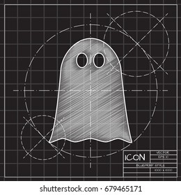 Vector flat halloween icon. Simple illustration. blueprint Ghost on engineer and architect background 