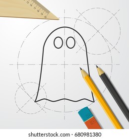 Vector flat halloween icon. Simple illustration. blueprint Ghost on engineer and architect background 